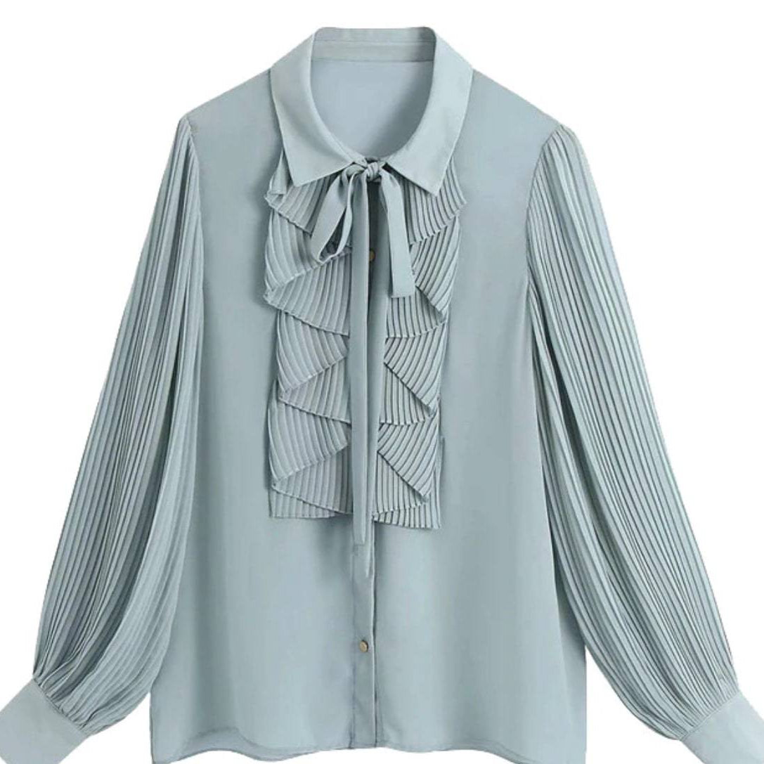 Light blue blouse with pleated sleeves and ruffled tie neck.