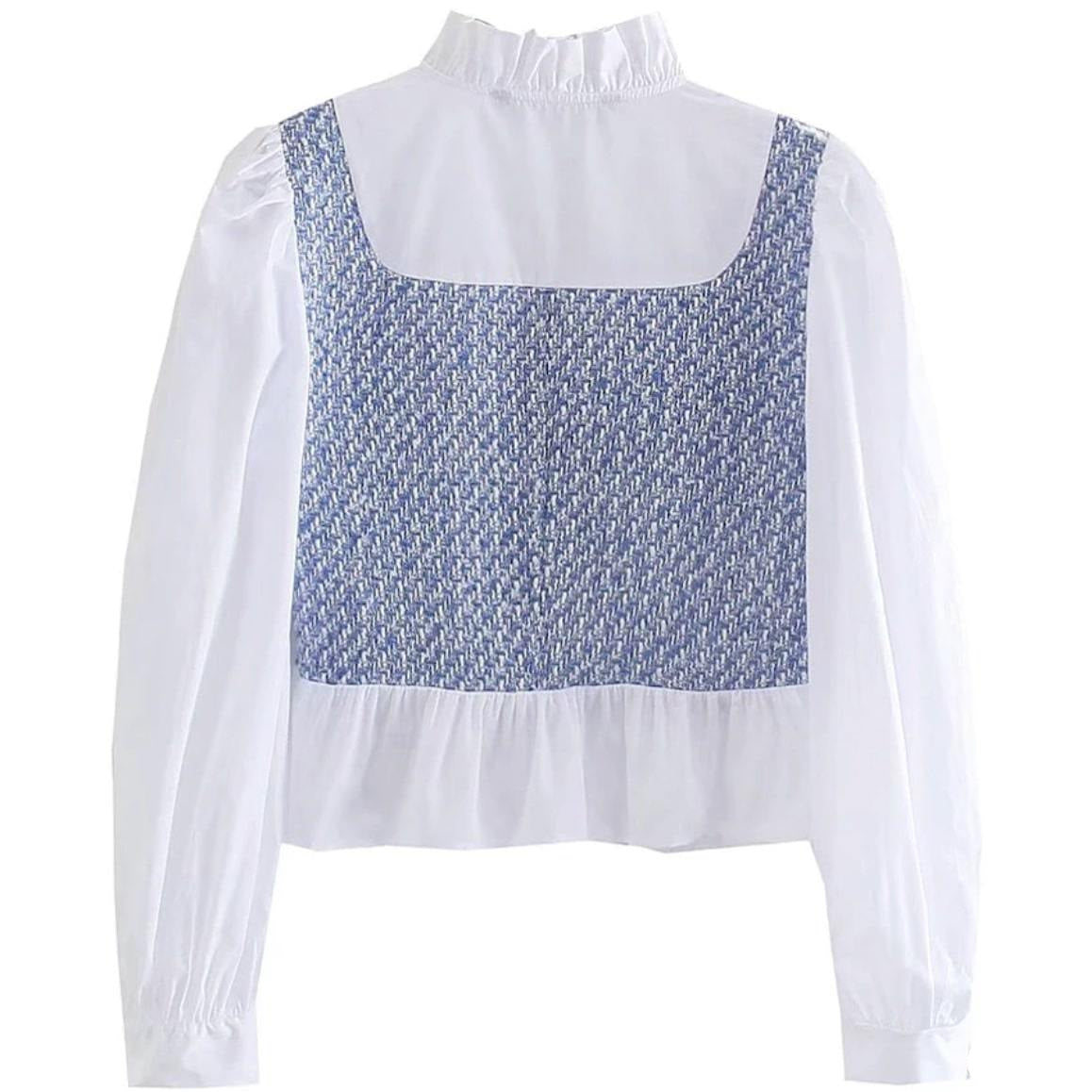 White long-sleeved blouse with blue woven front.