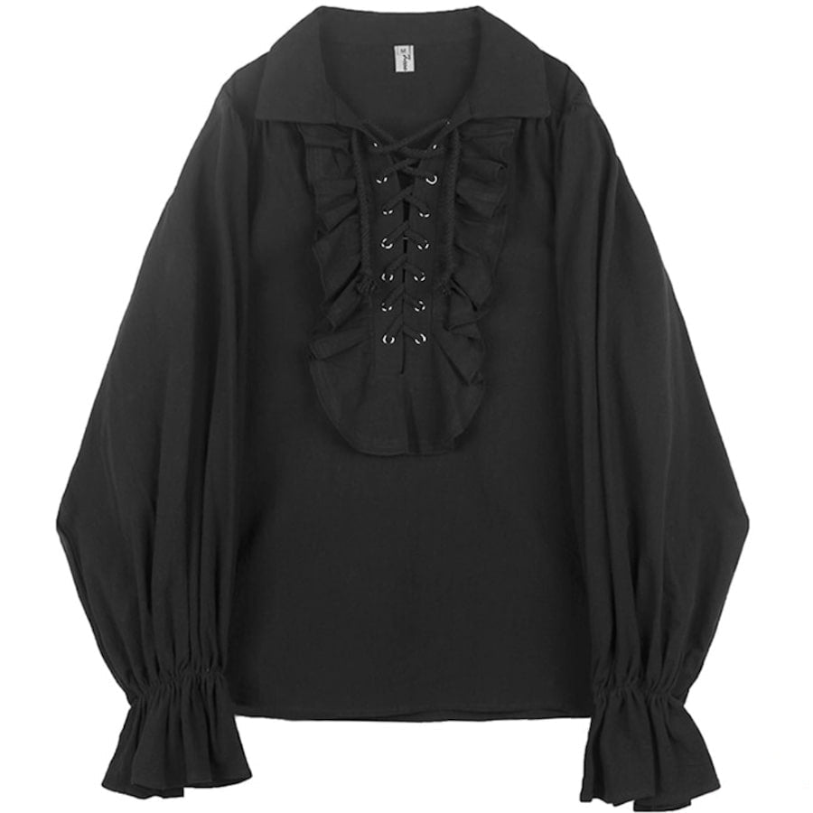 Black ruffled lace-up blouse with a collar.
