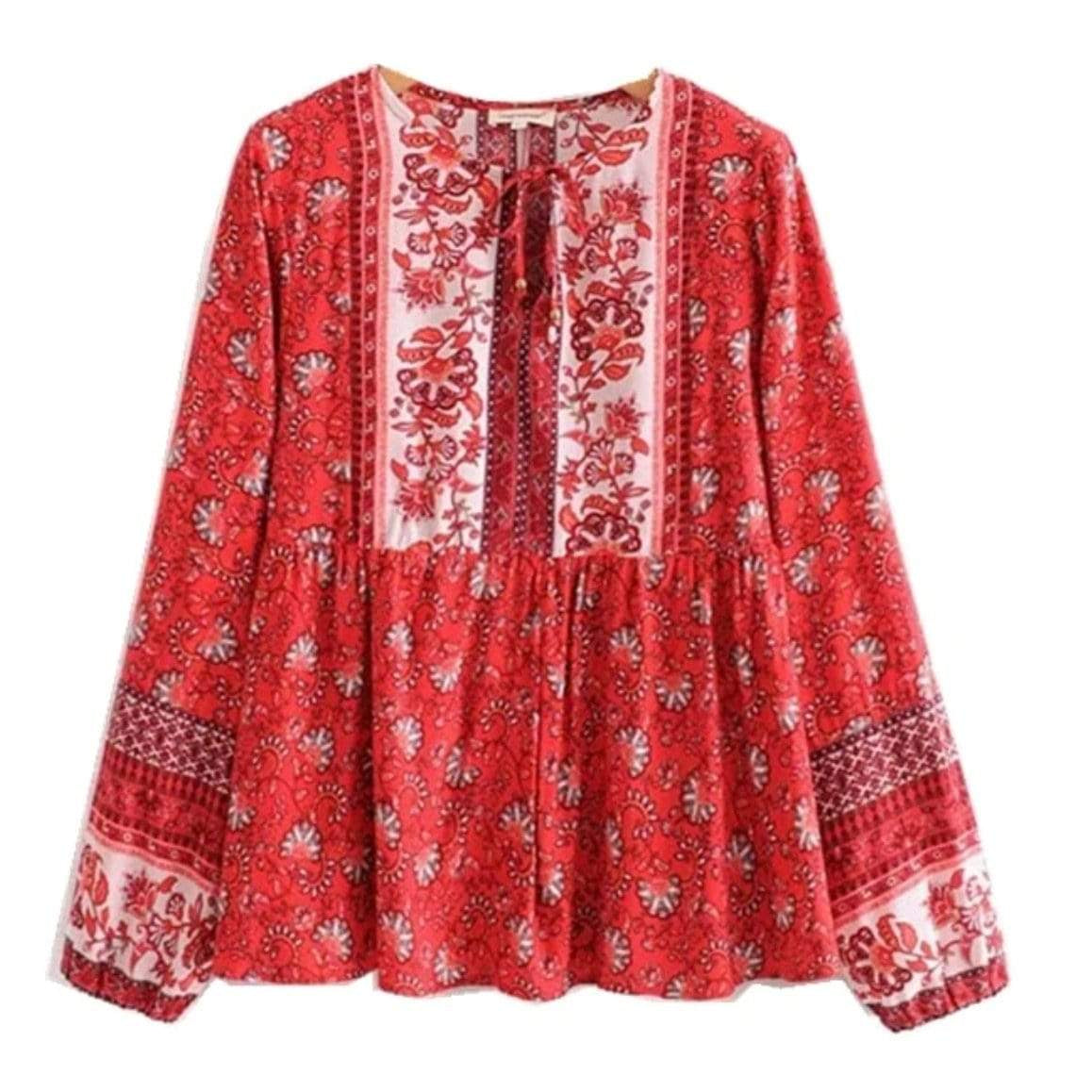 Red floral print long-sleeve blouse.

