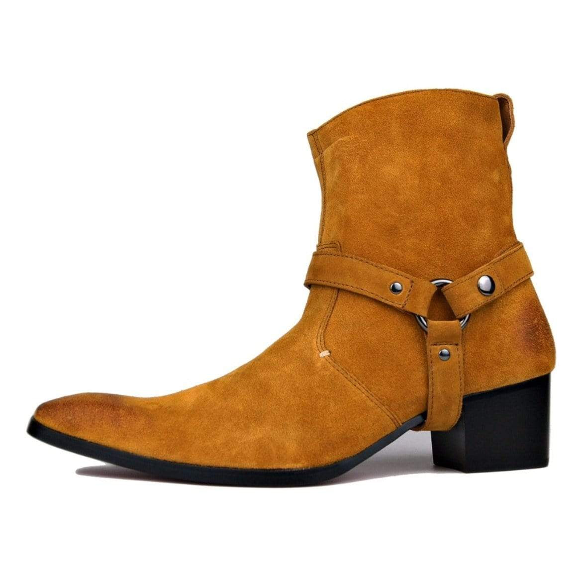 Tan suede Western ankle boot with harness.