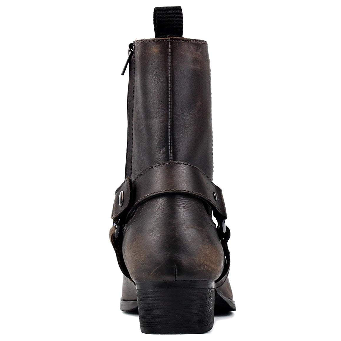 Back view of a brown leather ankle boot with a harness detail.