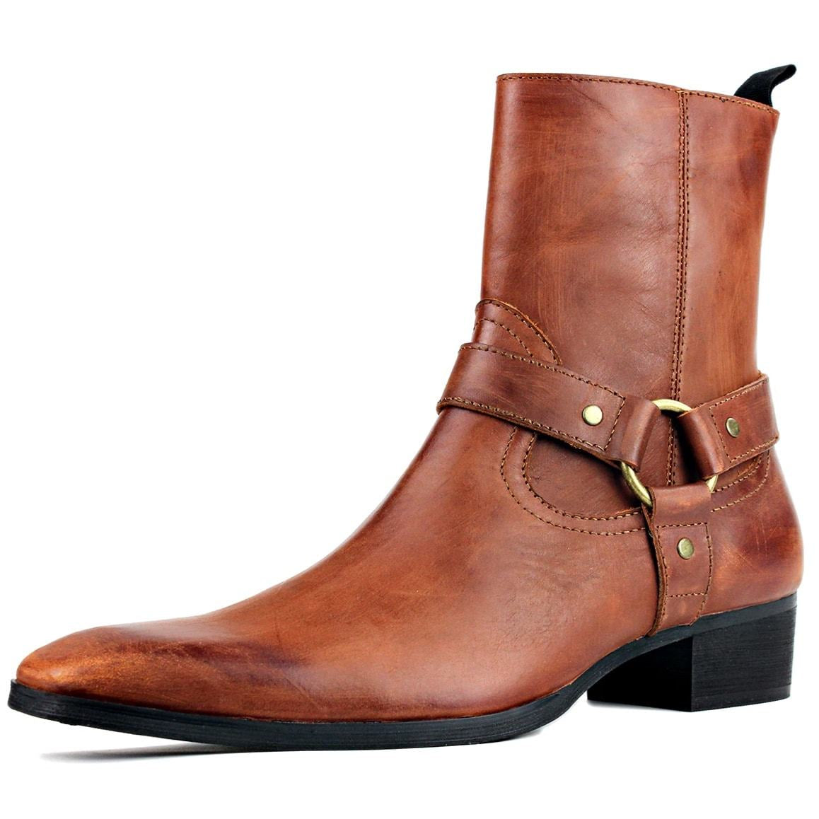 Brown leather cowboy boot with a harness.