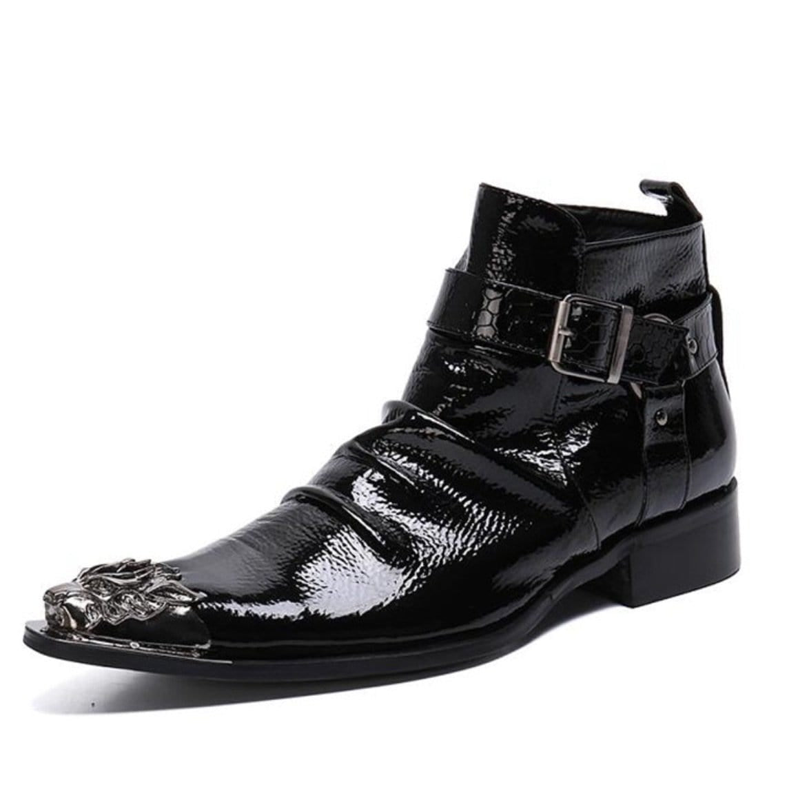 Black patent leather dress boot with metal toe.