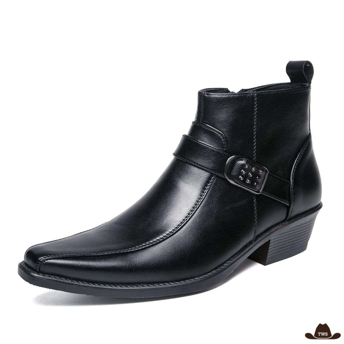 A black leather men's dress boot.