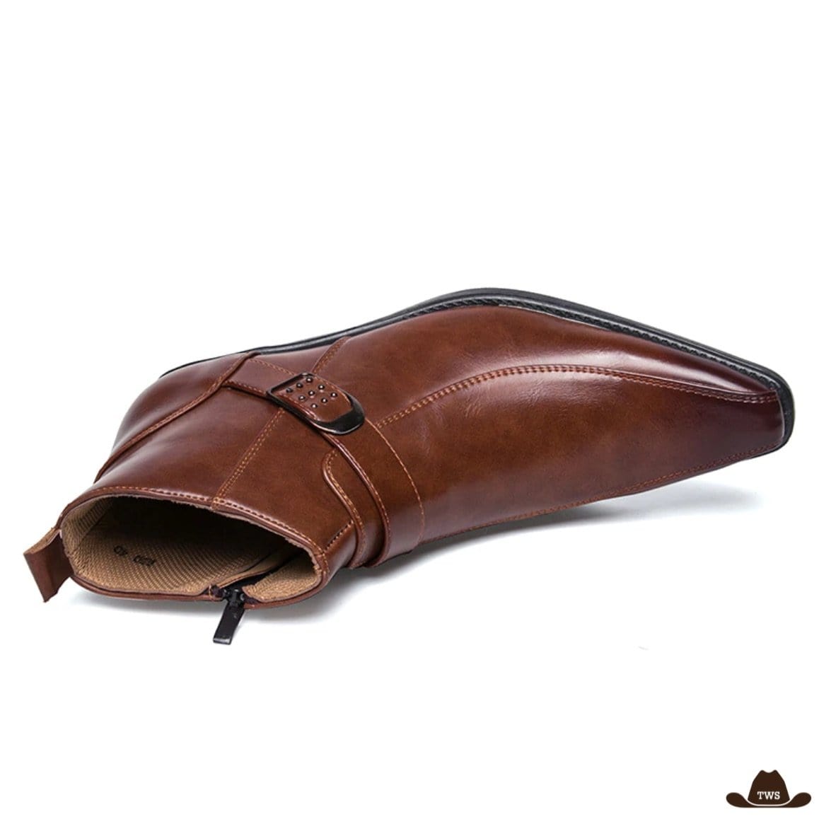 Brown leather men's dress boot with buckle.
