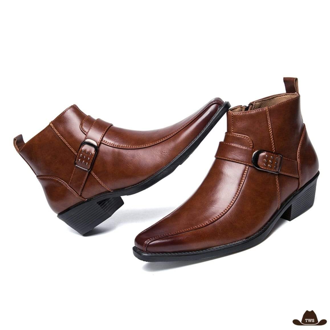 Two brown leather ankle boots.