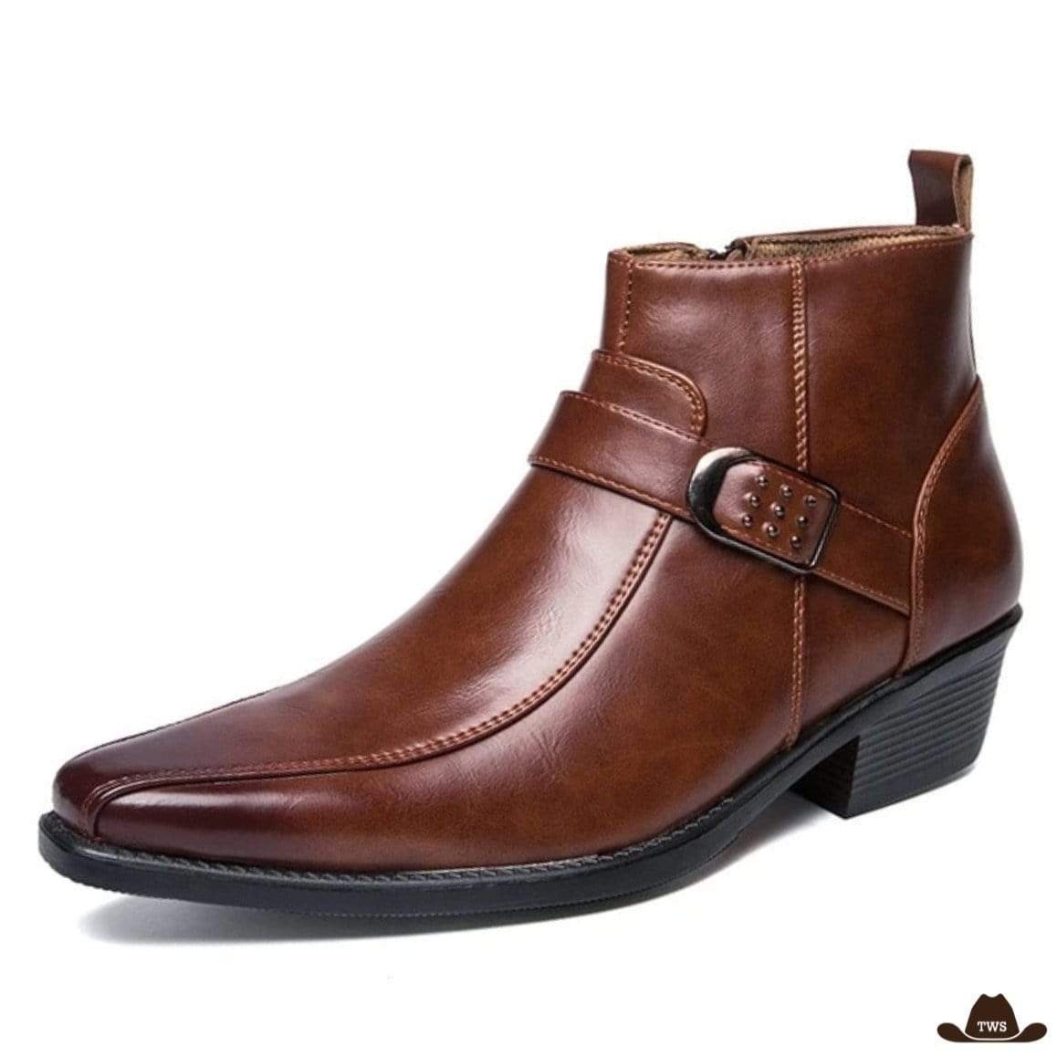 Brown leather ankle boot with a buckle.