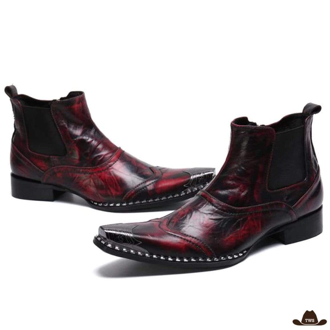 Pair of red and black leather cowboy-style dress boots.