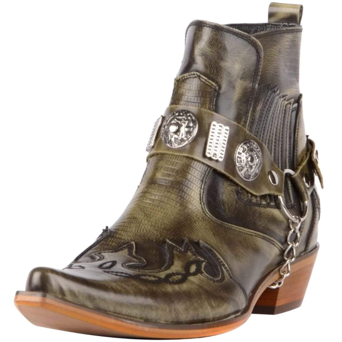 Olive green leather cowboy ankle boot with decorative harness.