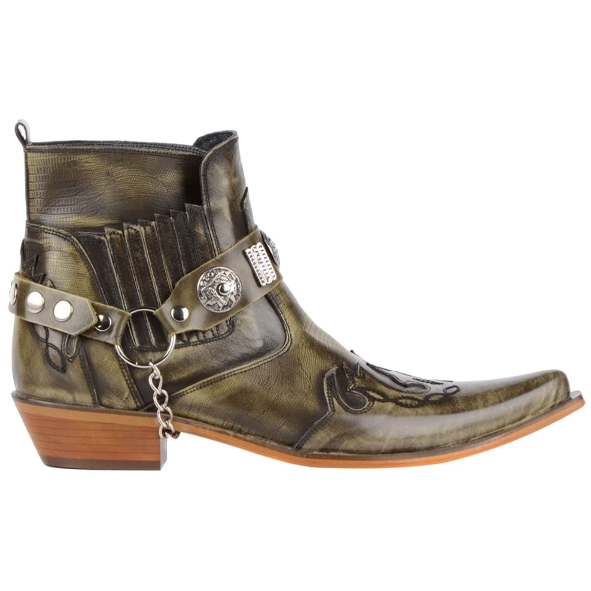 Green leather cowboy ankle boot with silver hardware.