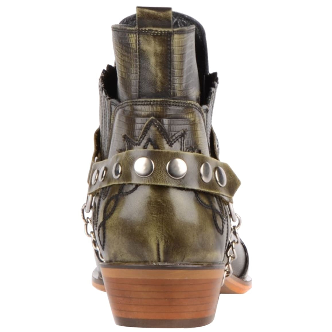 Back view of olive-green leather ankle boots with a studded harness and chain detail.