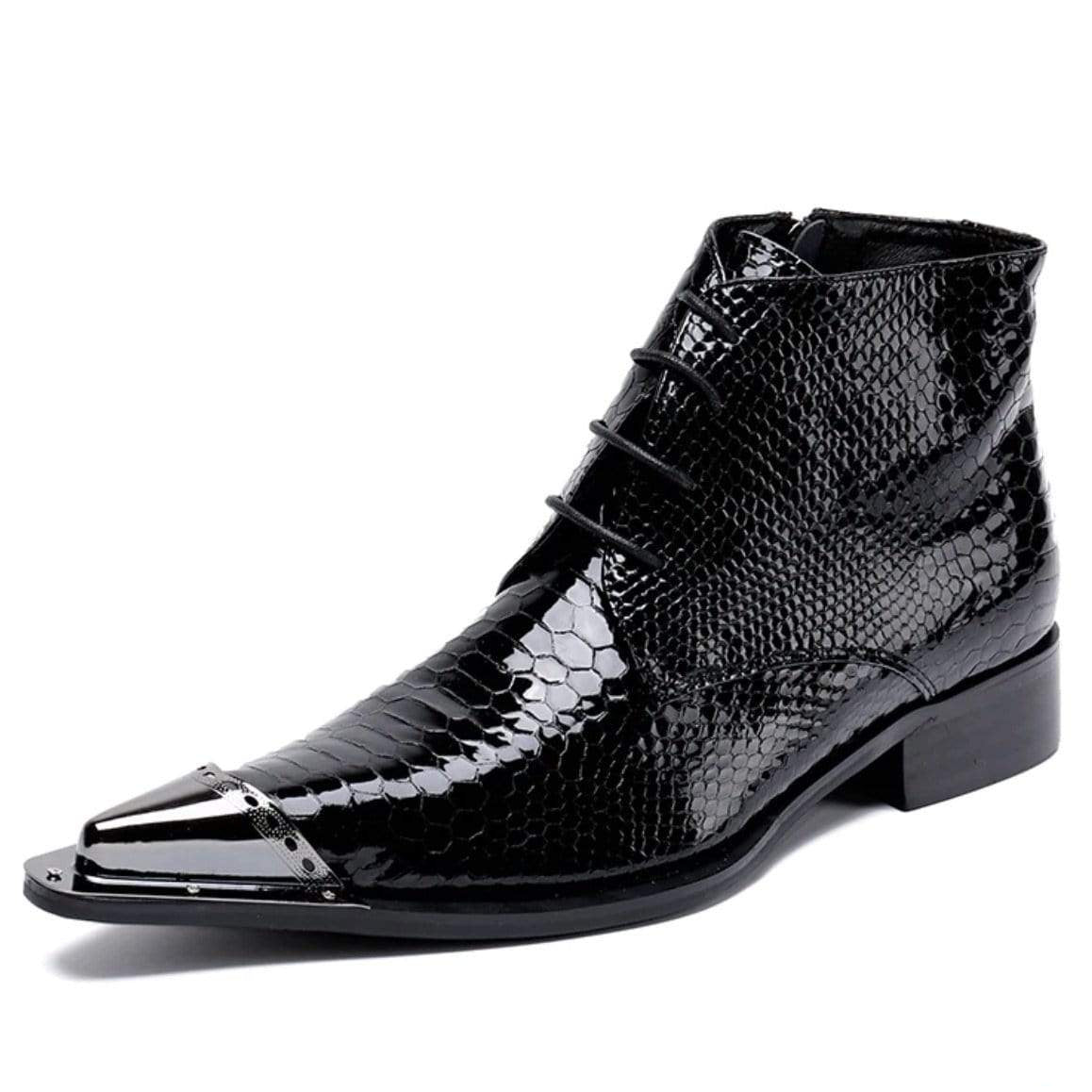 Black, shiny, snakeskin pattern, lace-up dress boot with pointed metal toe.
