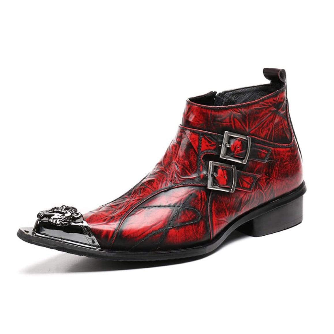 Red and black leather ankle boot with silver buckles and toe ornament.