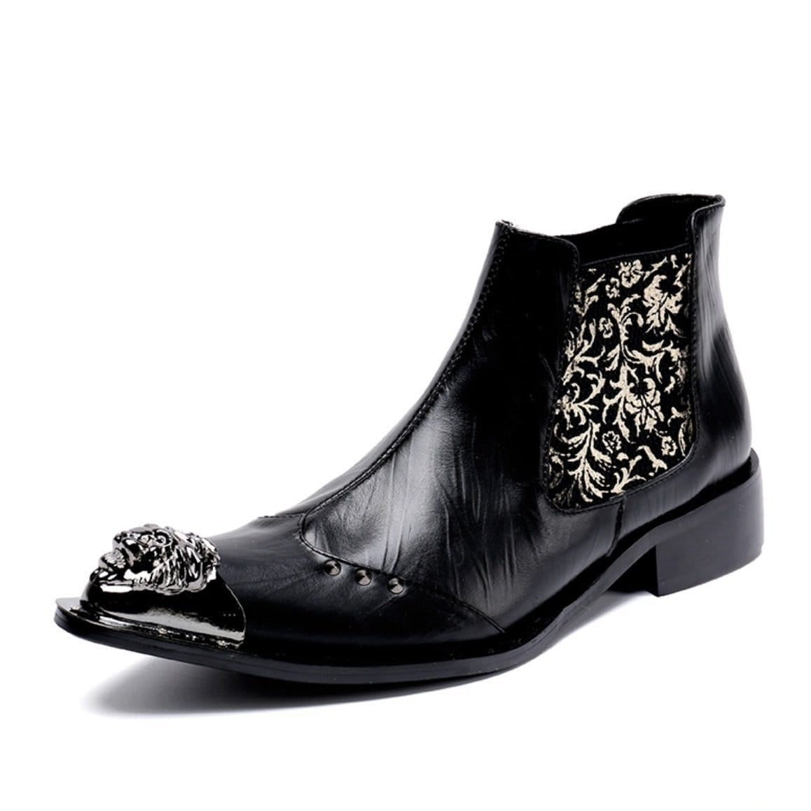 Black leather ankle boot with metal lion head toe.