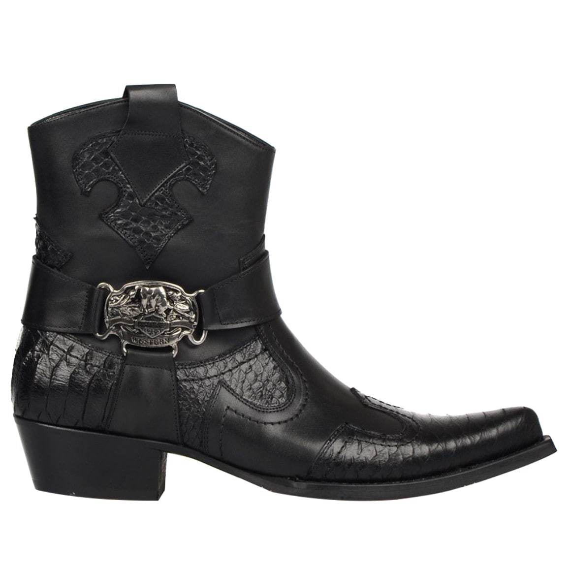 Black leather cowboy ankle boot with decorative reptile skin and belt buckle.
