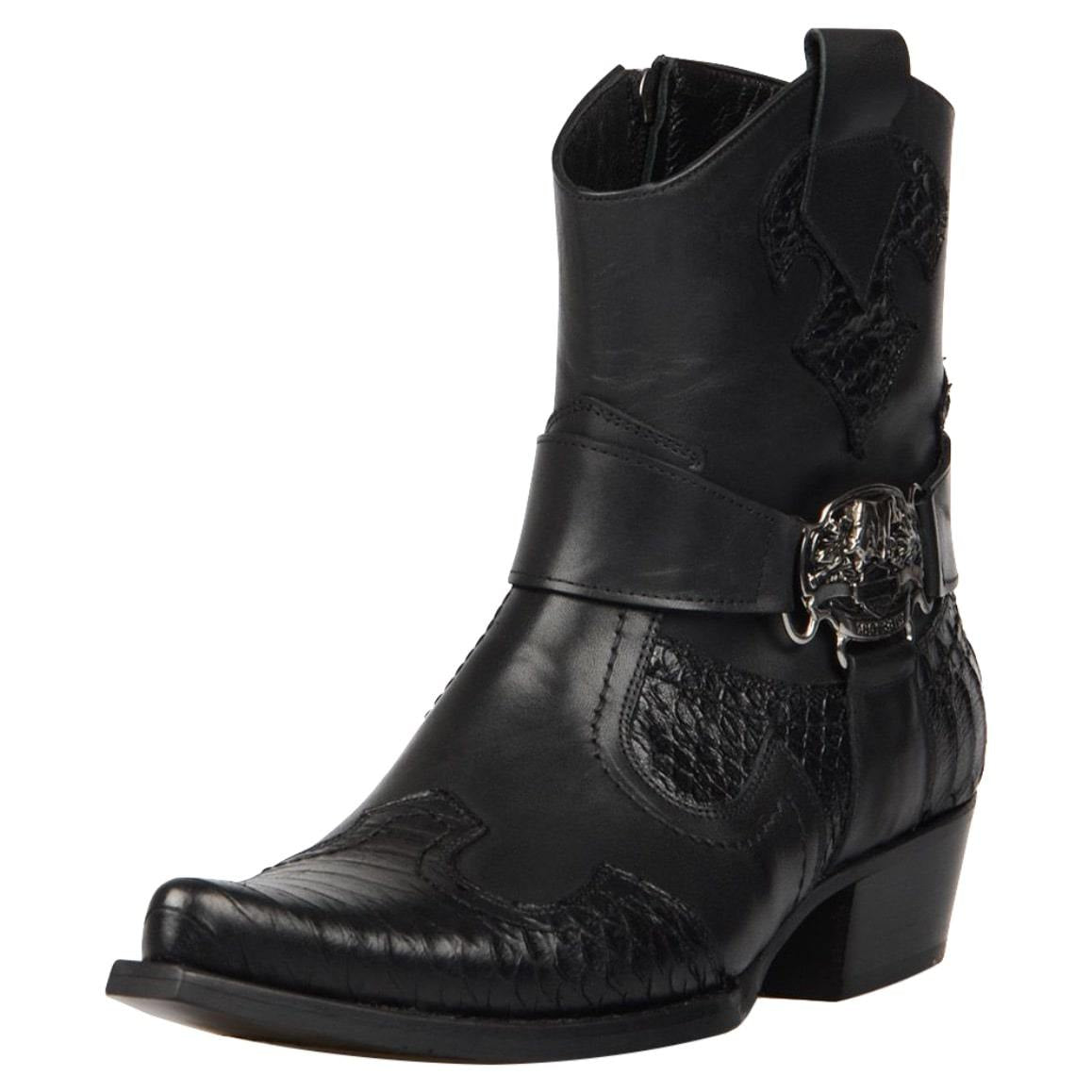 Black leather cowboy ankle boot with buckle.

