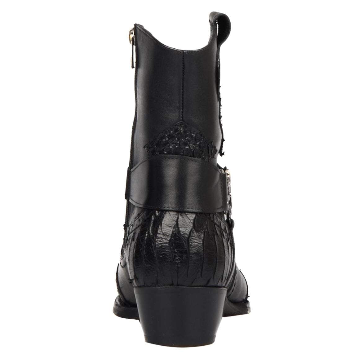 Back view of a black cowboy boot with a block heel and decorative reptile-like texture.