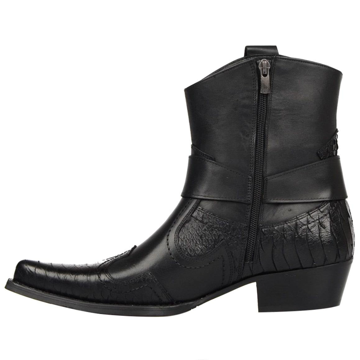 Black leather cowboy boot with side zipper.