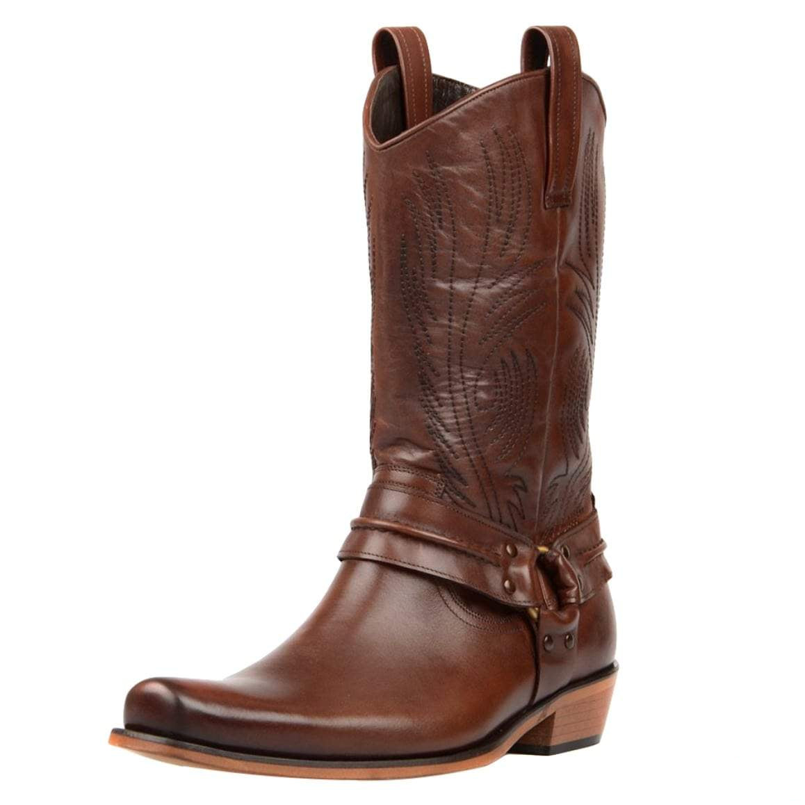 Brown leather cowboy boot.