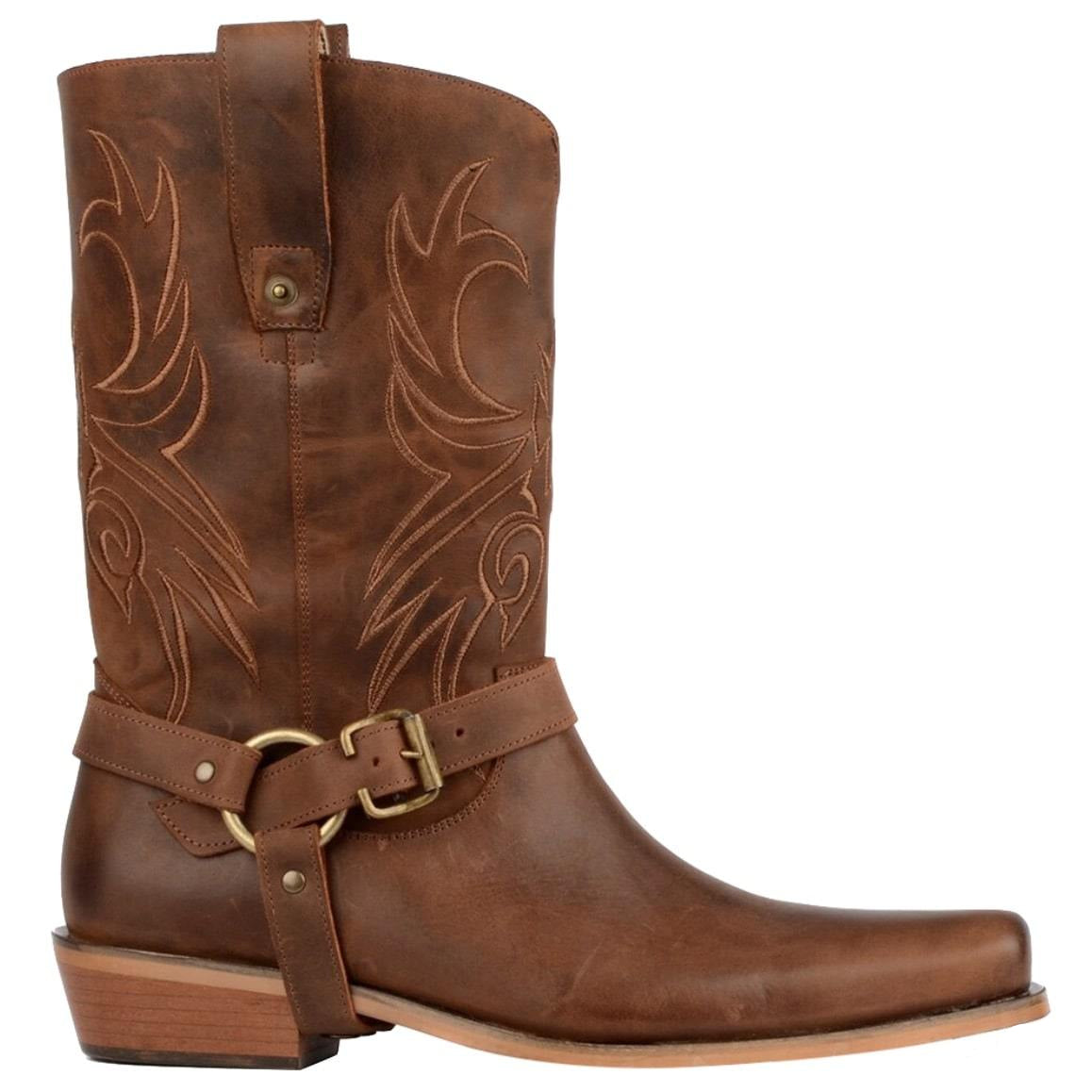 Brown leather cowboy boot with decorative stitching and a buckled ankle strap.