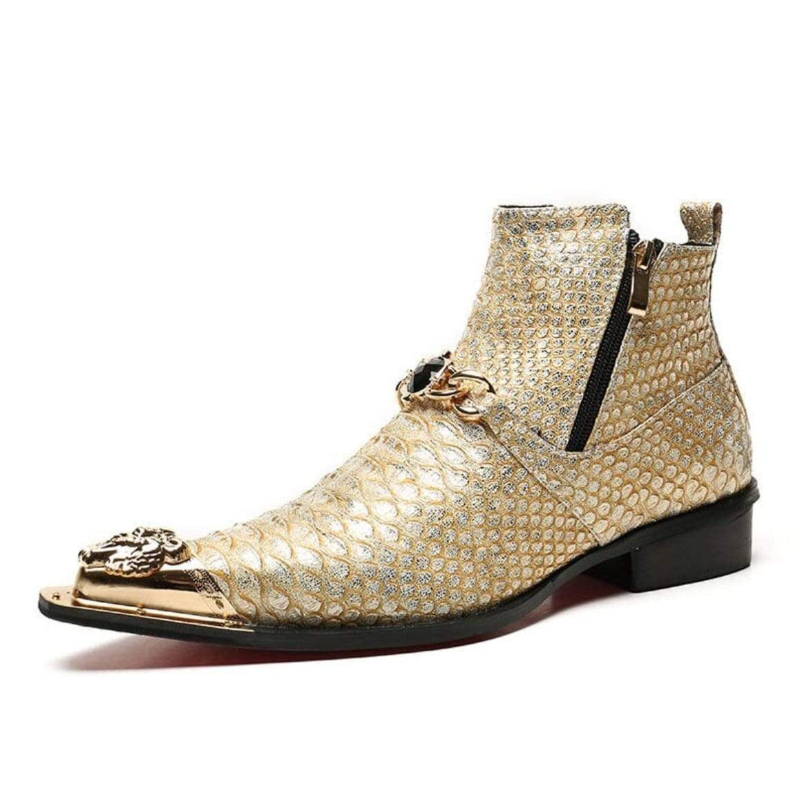 A shiny gold, snakeskin-patterned ankle boot with gold accents and a side zipper.
