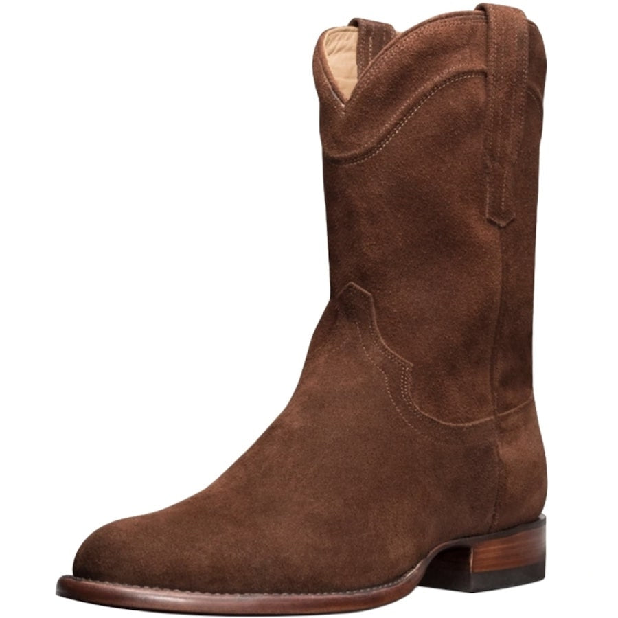 Brown suede cowboy boot.
