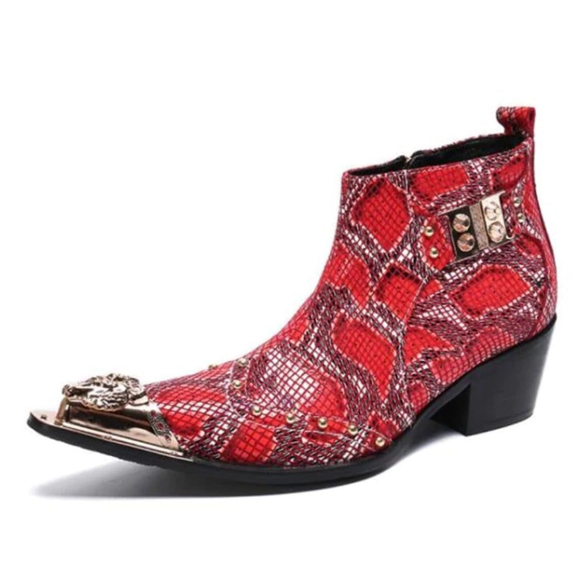 Red snake-print leather cowboy boot with gold toe cap and embellishments.