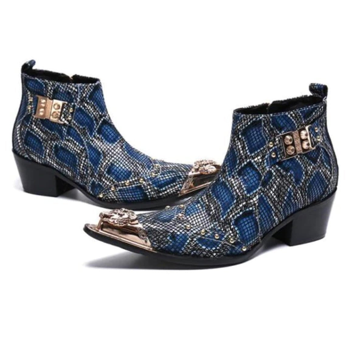 Blue snake print cowboy boots with gold hardware.
