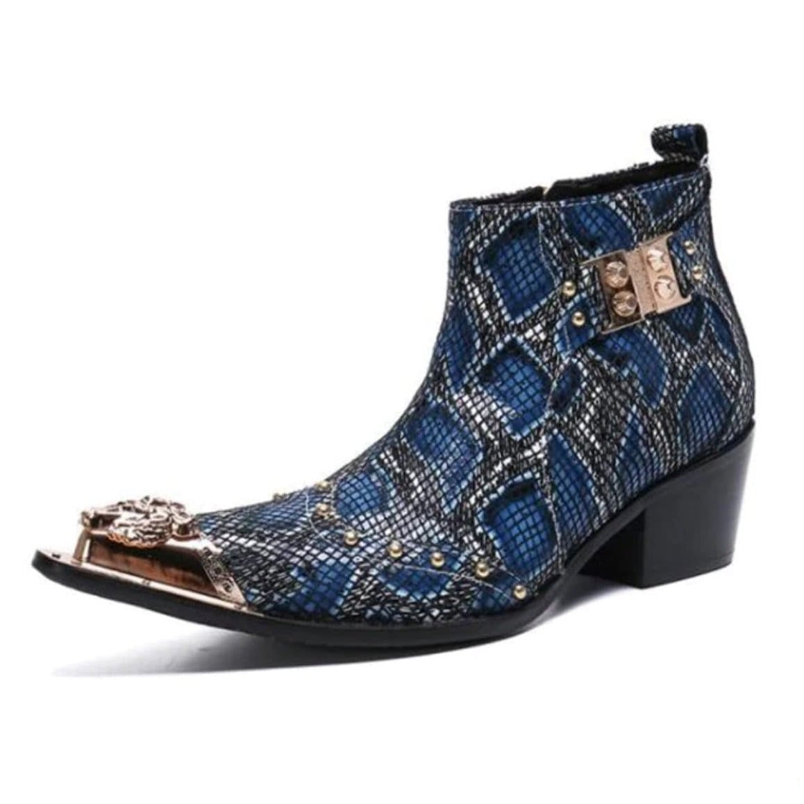 Blue and silver snakeskin ankle boot with metal toe and heel.