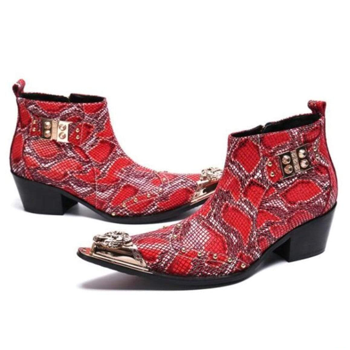Pair of red snakeskin patterned cowboy boots with gold hardware.