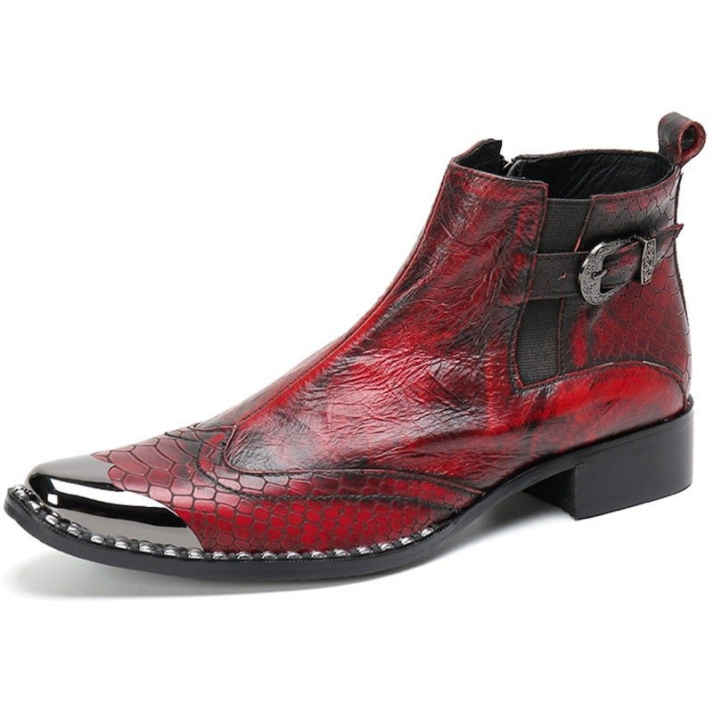 Red leather ankle boot with silver metal toe cap.