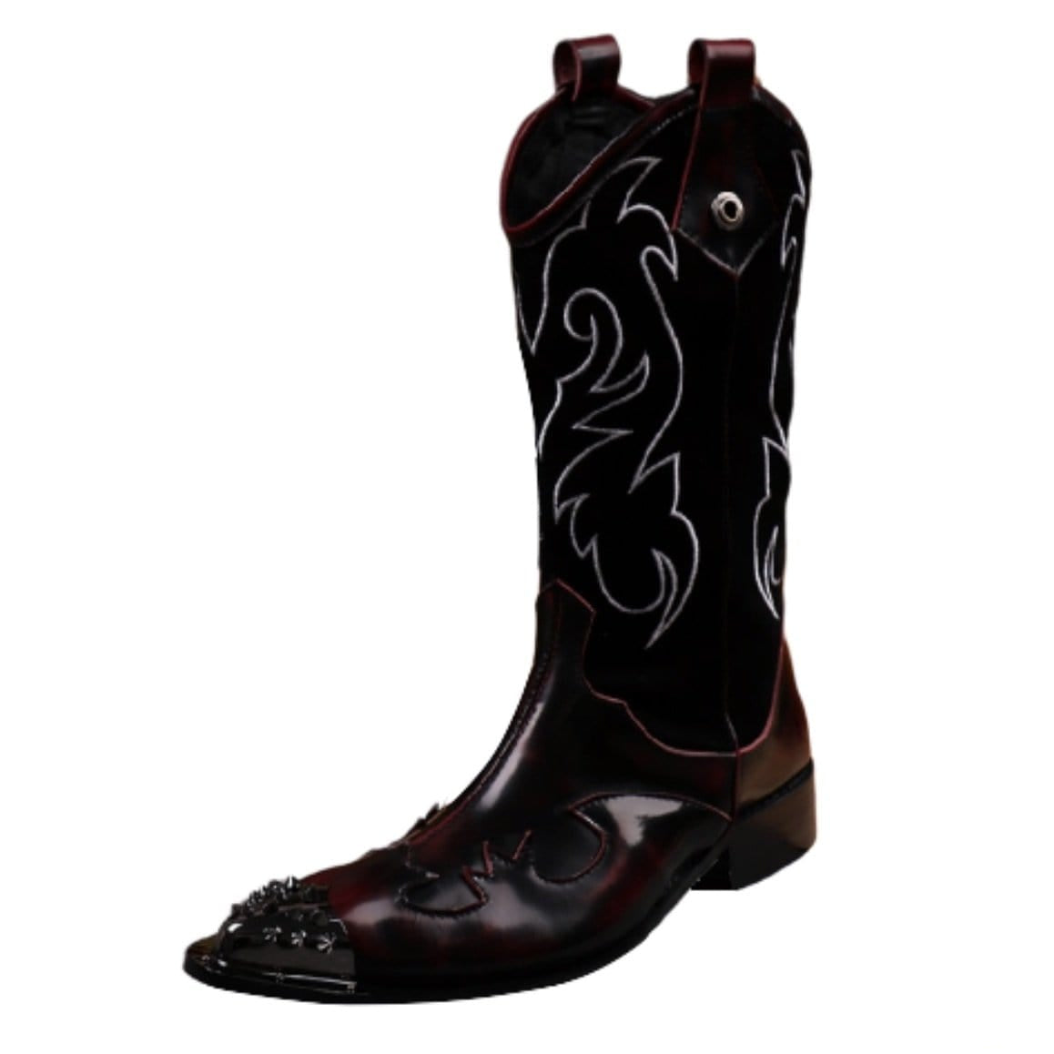 Burgundy leather cowboy boot with silver embroidery.