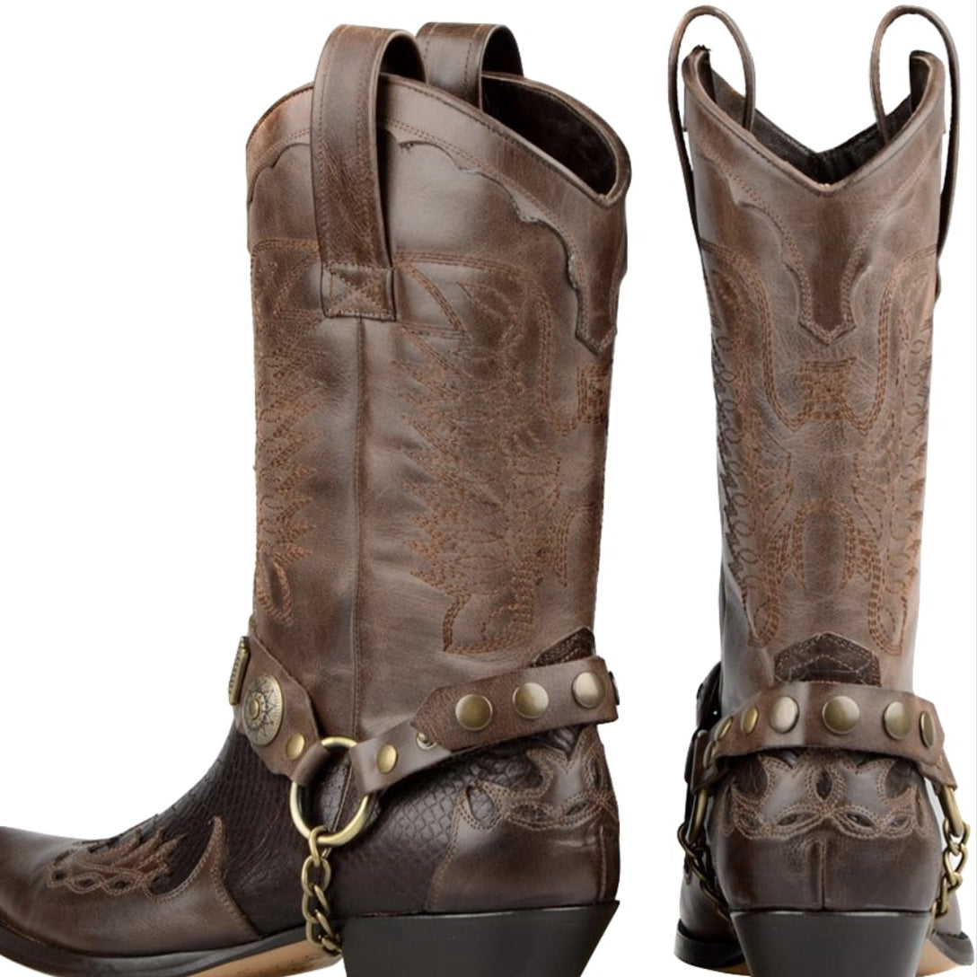 Two brown leather cowboy boots, one with a harness detail.