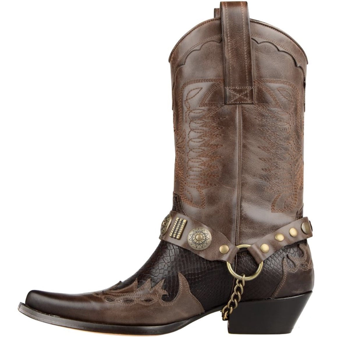Brown leather cowboy boot with ornate details.
