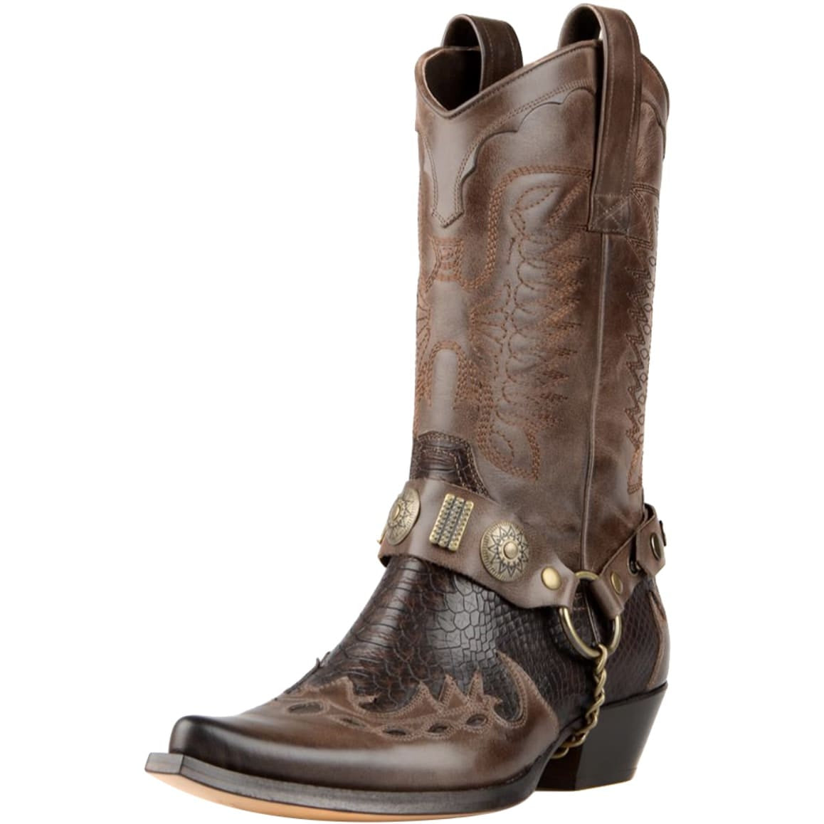 Brown leather cowboy boot.