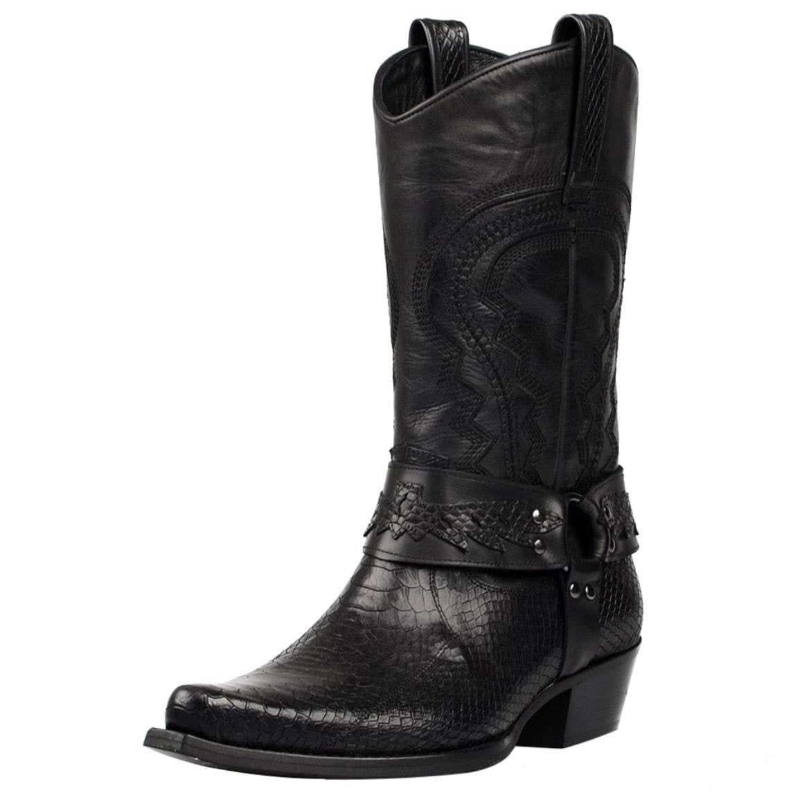 A black leather cowboy boot with a decorative belt.