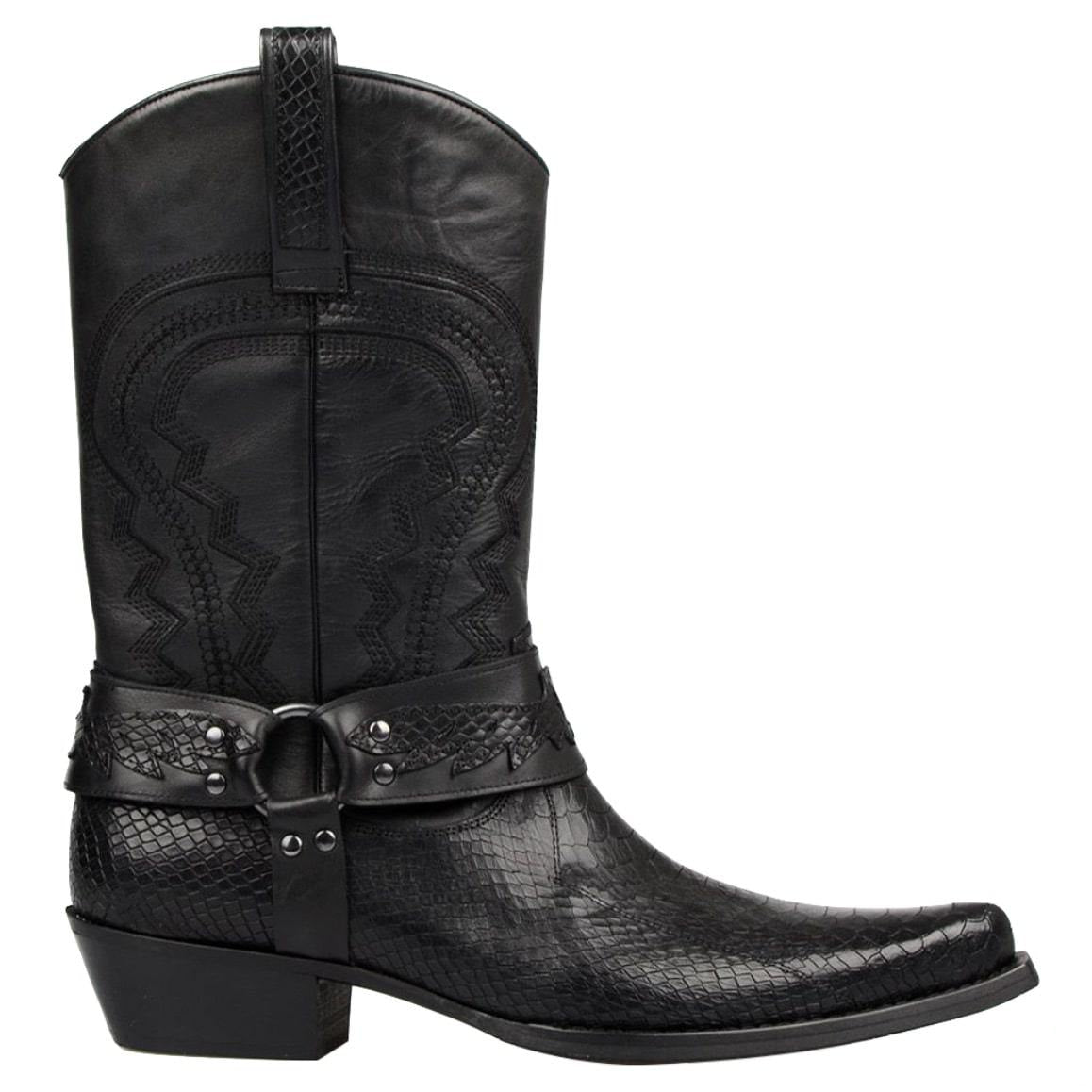 Black cowboy boot with snake print.