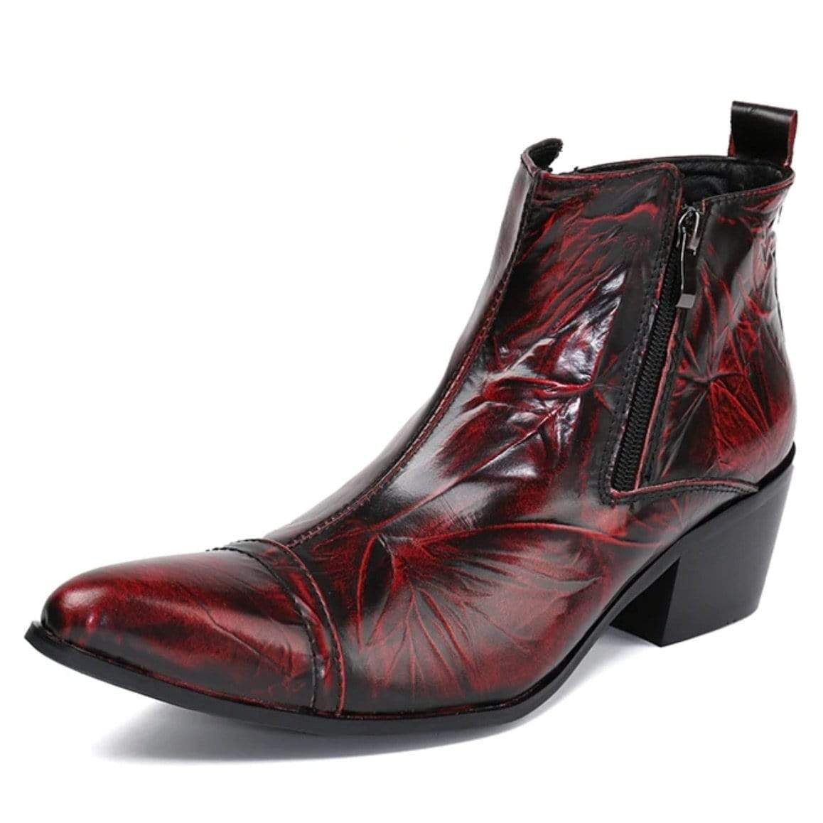 Red leather pointed-toe ankle boot with side zipper.
