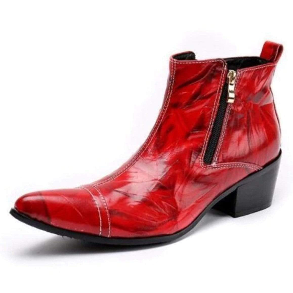 Red leather ankle boot with a black heel and front zipper.