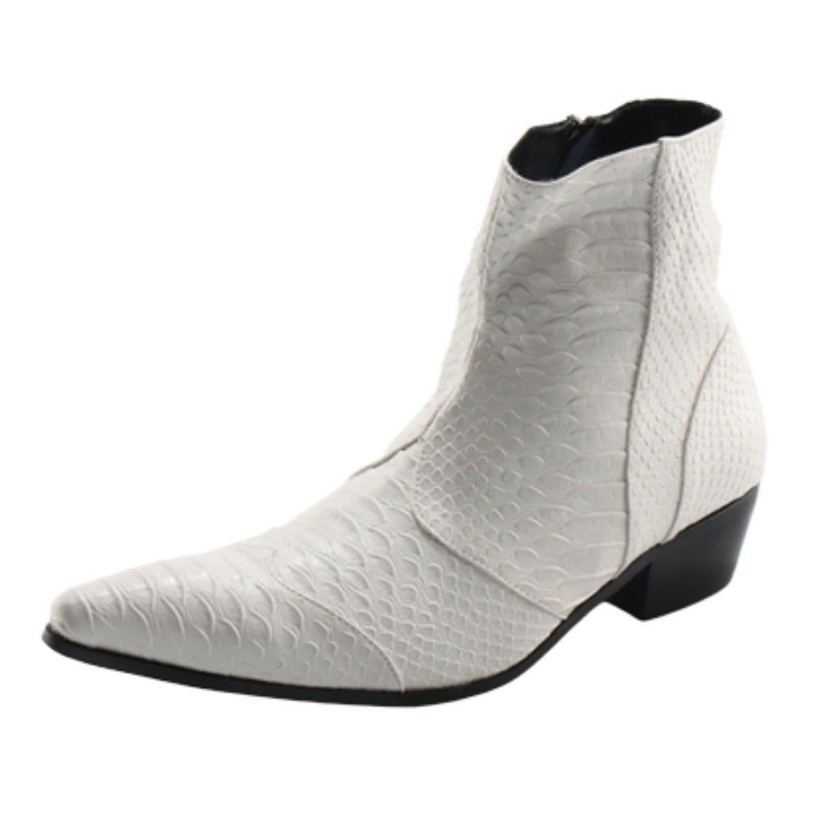 White snakeskin ankle boot.
