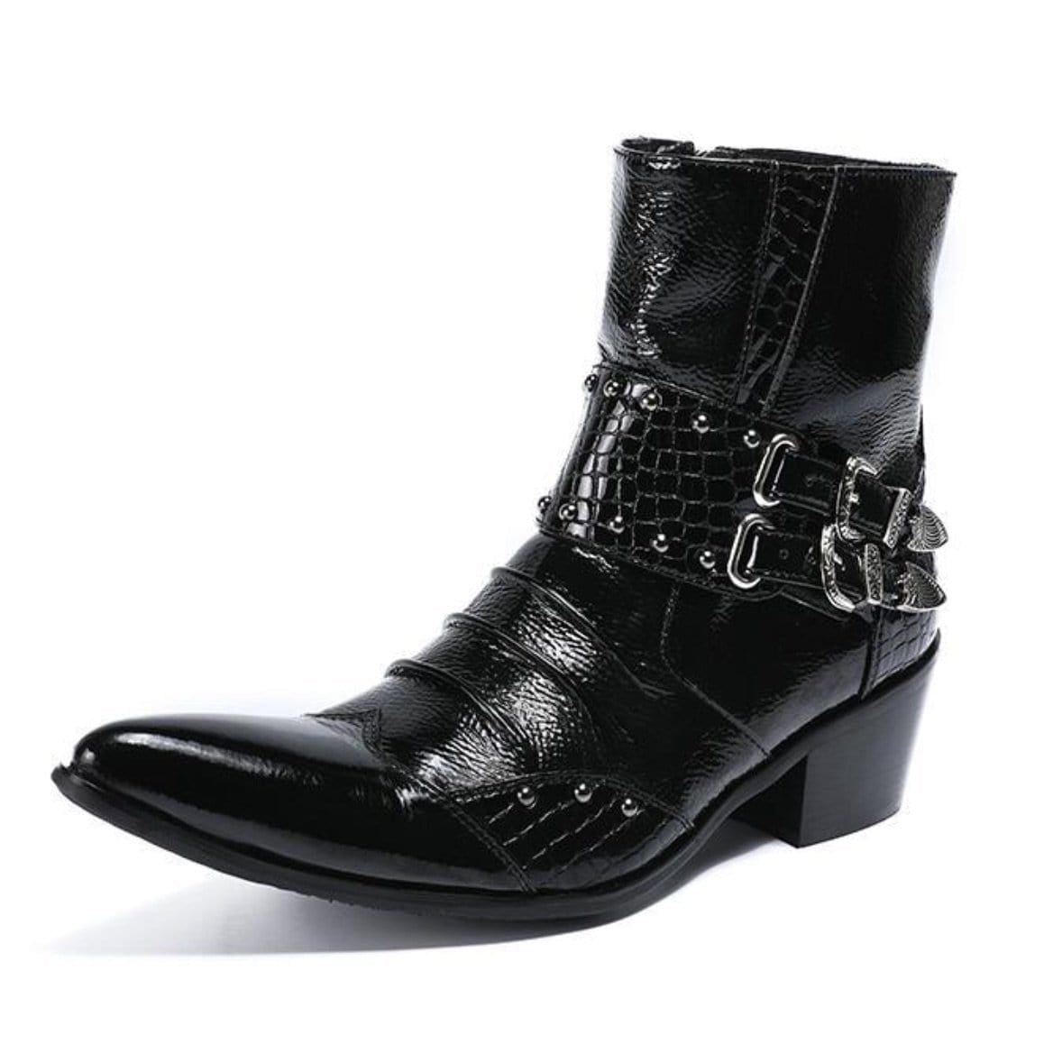 Single black patent leather boot with double buckle and stacked heel.