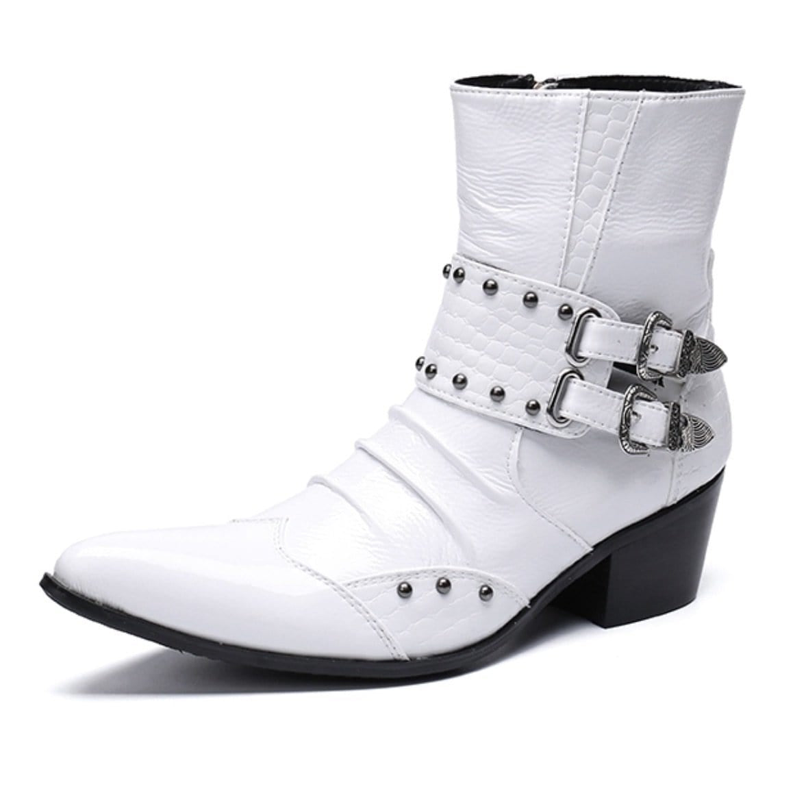 White leather cowboy boot with buckles.
