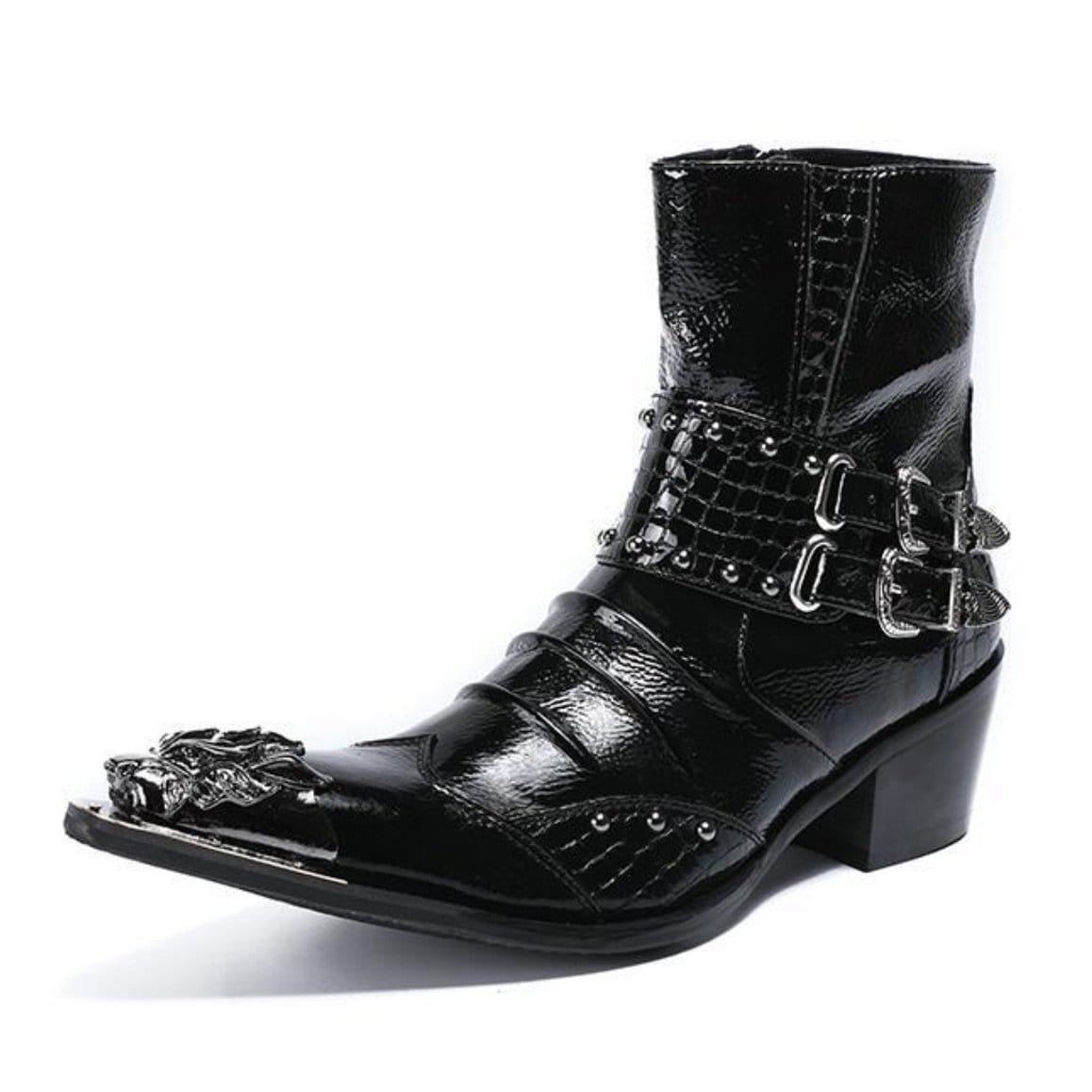 Black leather, pointed-toe heeled boot with metal accents.