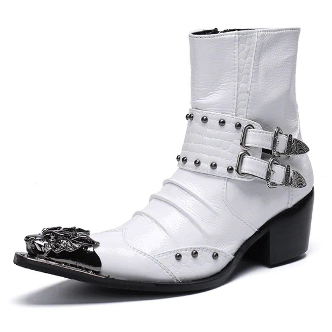White leather ankle boot with metal toe.