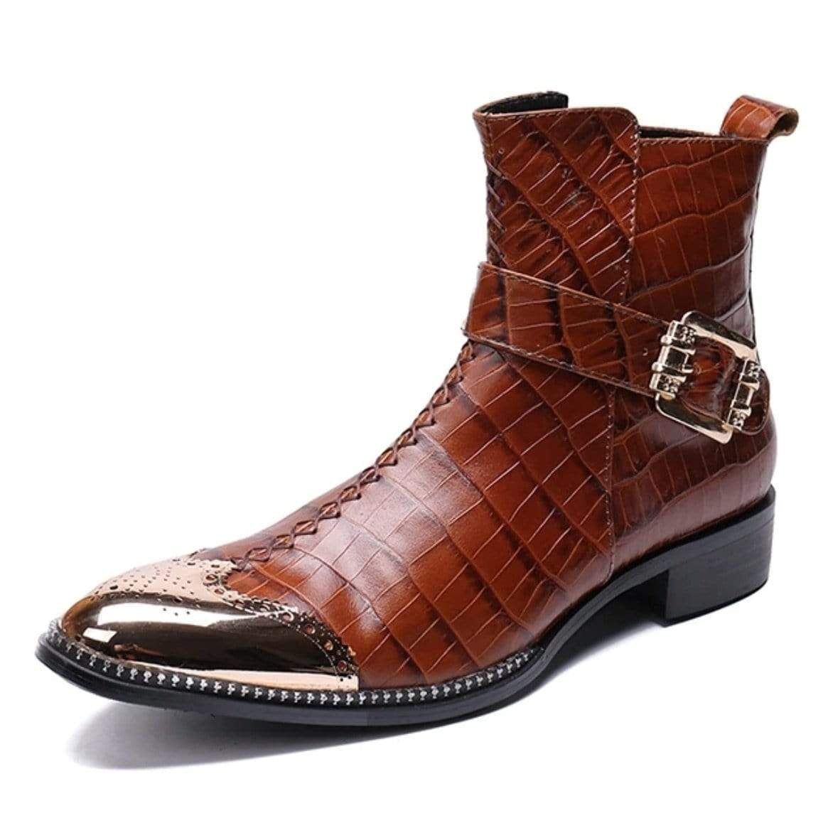 Brown leather ankle boot with a crocodile pattern, gold toe, and buckle.
