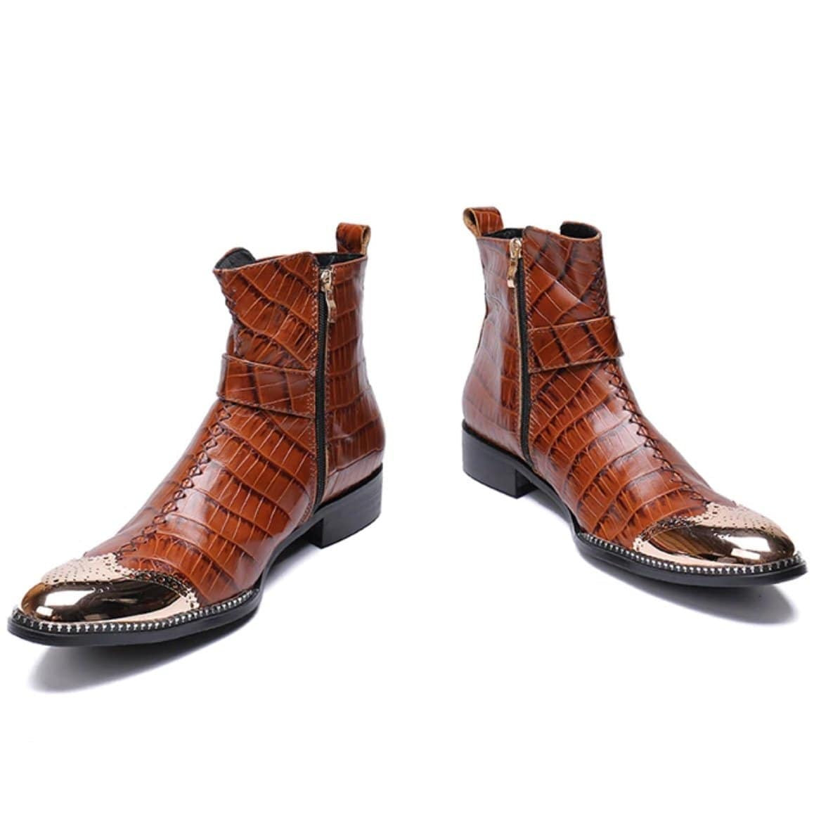 Pair of brown crocodile-print boots with gold toe caps.