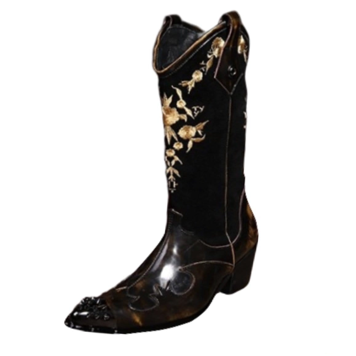 Black and brown cowboy boot with gold floral embroidery.
