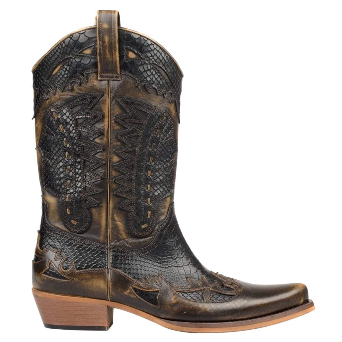 A brown and black leather cowboy boot with a snip toe and a stacked heel.