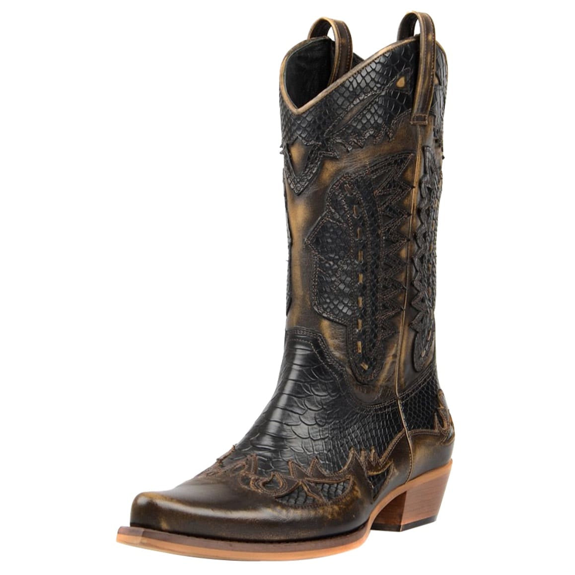 Brown snakeskin cowboy boot.